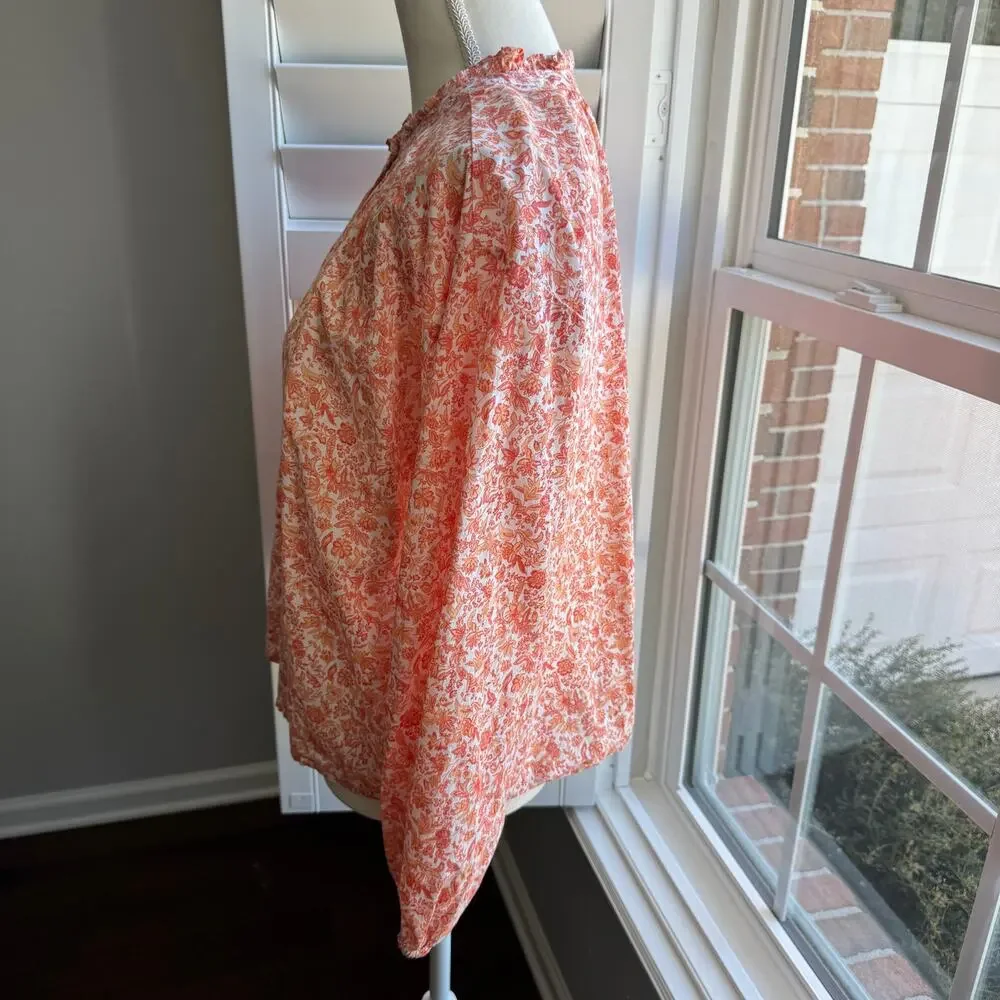 LOFT Peach Orange Floral Ruffle Neck Peasant Blouse Size Medium Petite - Picture 5 of 11